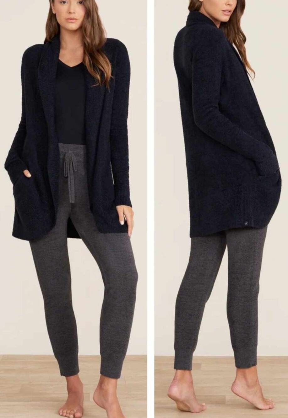 Barefoot Dreams CozyChic 423 Bamboo Lite Knit Circle Lounge Cardigan Black Small